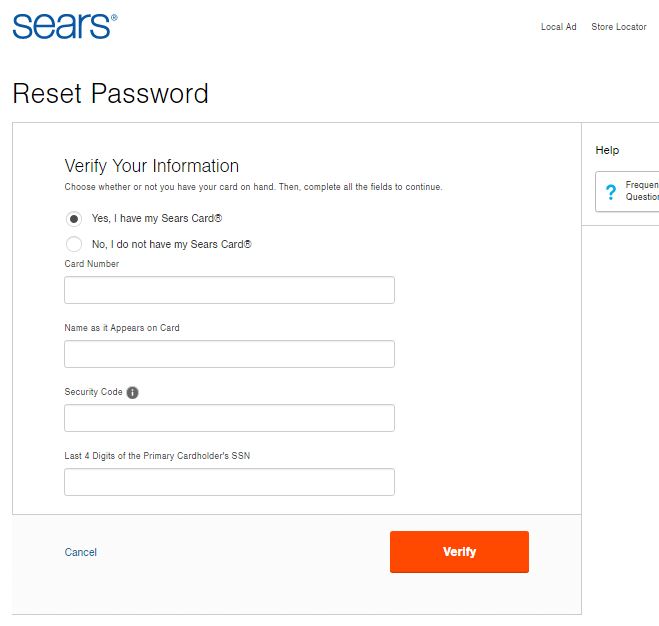 Sears credit card reset password